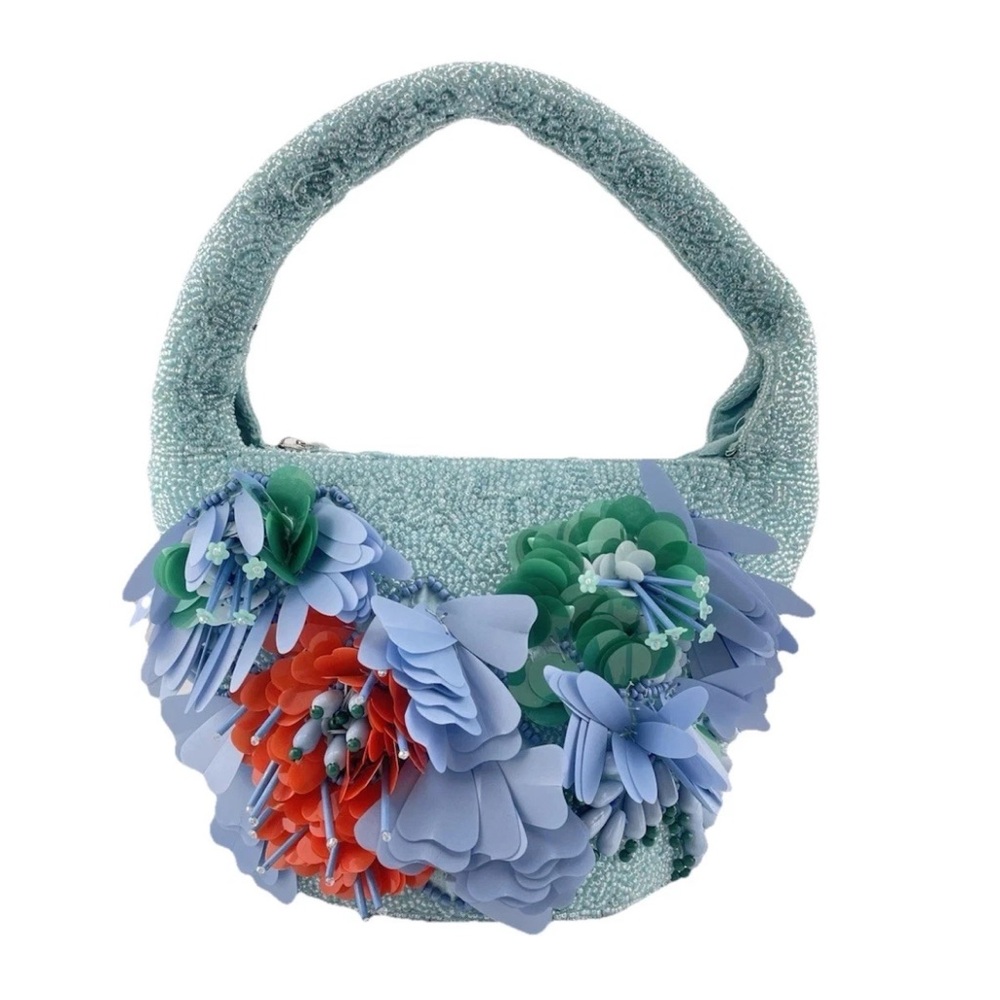 Handcrafted in India Beaded Small Blue 3D Floral Sequin Clutch Viral Bucket Bag